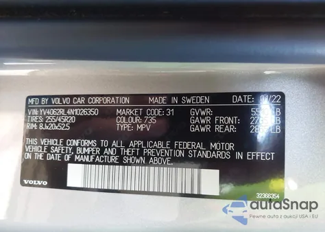 2022 Volvo Xc60 B6 Inscription z USA, uszkodzony, nr VIN YV4062RL4N1026350